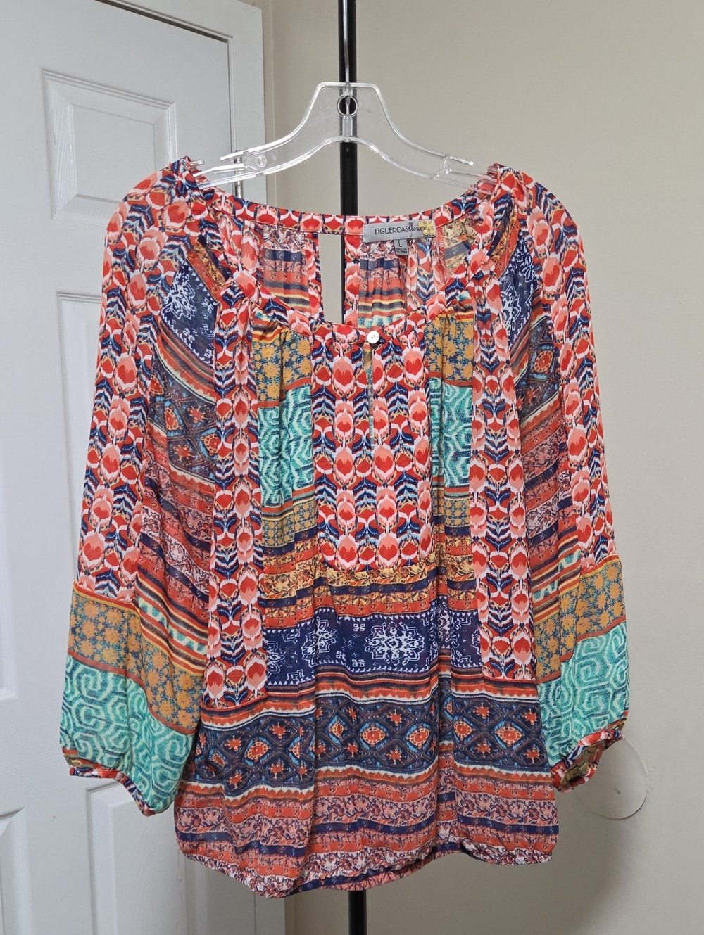 FIGUEROA & Flowers Multicolor Printed Peasant Blouse — Coral, Navy & Mint